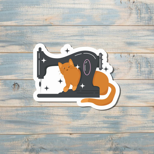 Orange Cat and Black Sewing Machine, Die Cut Sticker, Graphic Art Vinyl, , Boho Fun |Sticker or Magnet