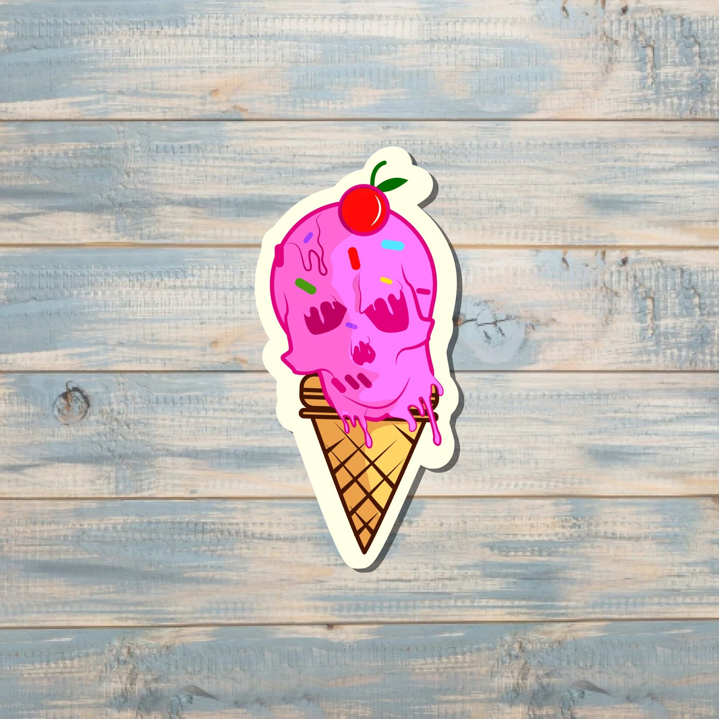 Creepy Skull Pink Ice Cream Cone, Die Cut Vinyl Sticker, , Boho Fun, Water Resistant |Sticker or Magnet