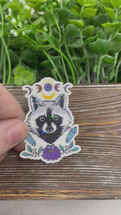 Racoon Crystals Moon Sticker, Graphic Art Sticker, Vinyl, Boho Hippie |Sticker or Magnet