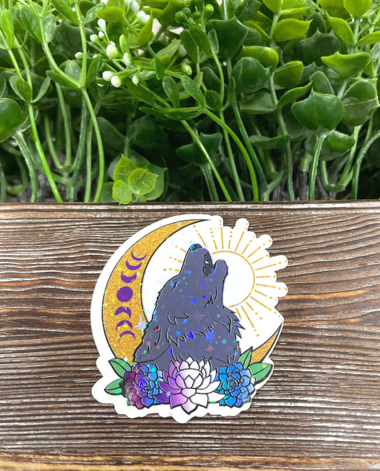 Crescent Moon Wolf, Die Cut Sticker, Graphic Art Sticker, Vinyl, , Boho Hippie |Sticker or Magnet