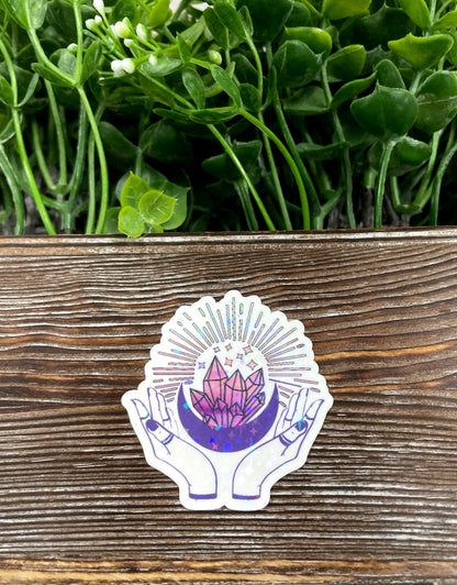 Crescent Moon Sticker, Crystals Sticker, Graphic Art Sticker, Vinyl, , Boho Hippie |Sticker or Magnet