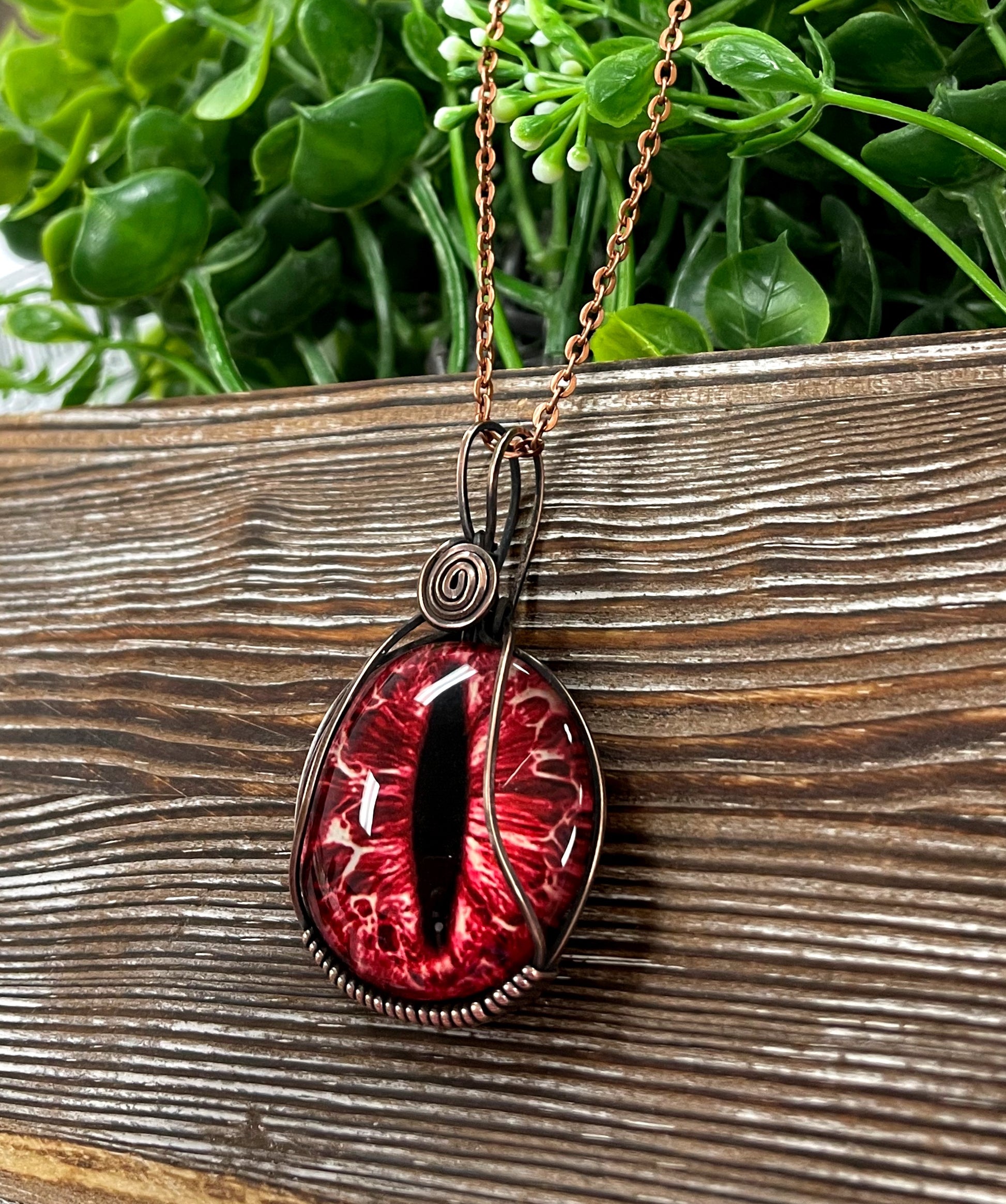 Wire Wrapped Red Dragon Eye Glass Cabochon Pendant Handmade by