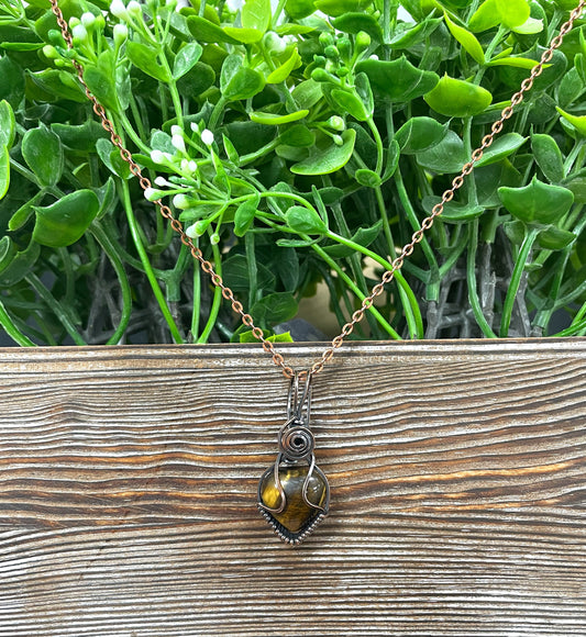 Small Tiger's Eye Gemstone Wire Wrapped Pendant Heart Shaped - Handmade by Marlayna