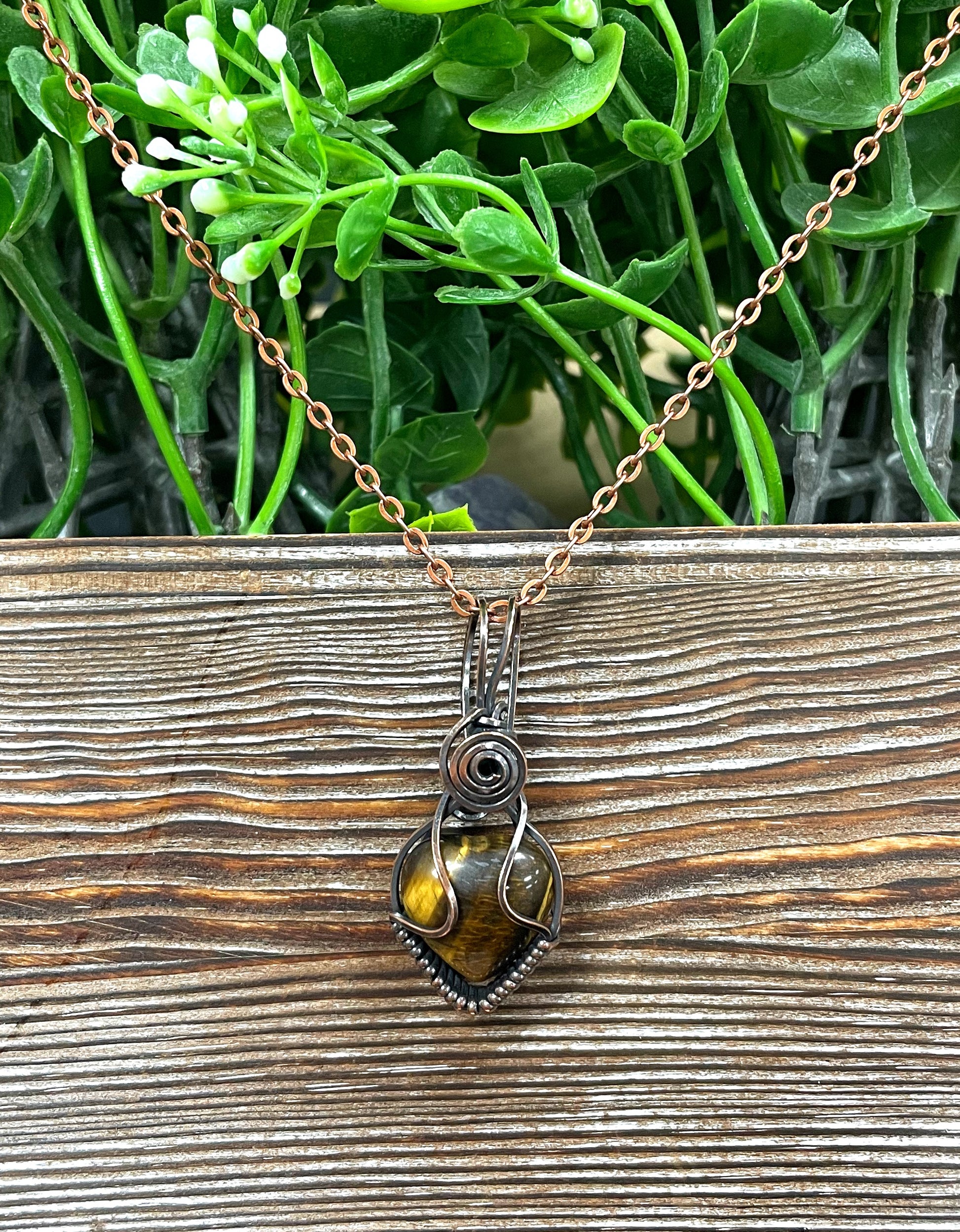 Small Tiger's Eye Gemstone Wire Wrapped Pendant Heart Shaped - Handmade by Marlayna