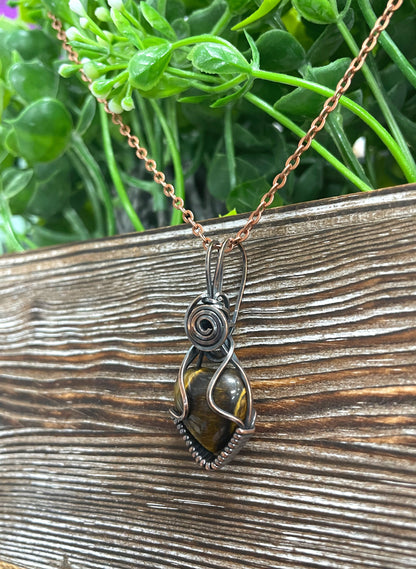 Small Tiger's Eye Gemstone Wire Wrapped Pendant Heart Shaped - Handmade by Marlayna