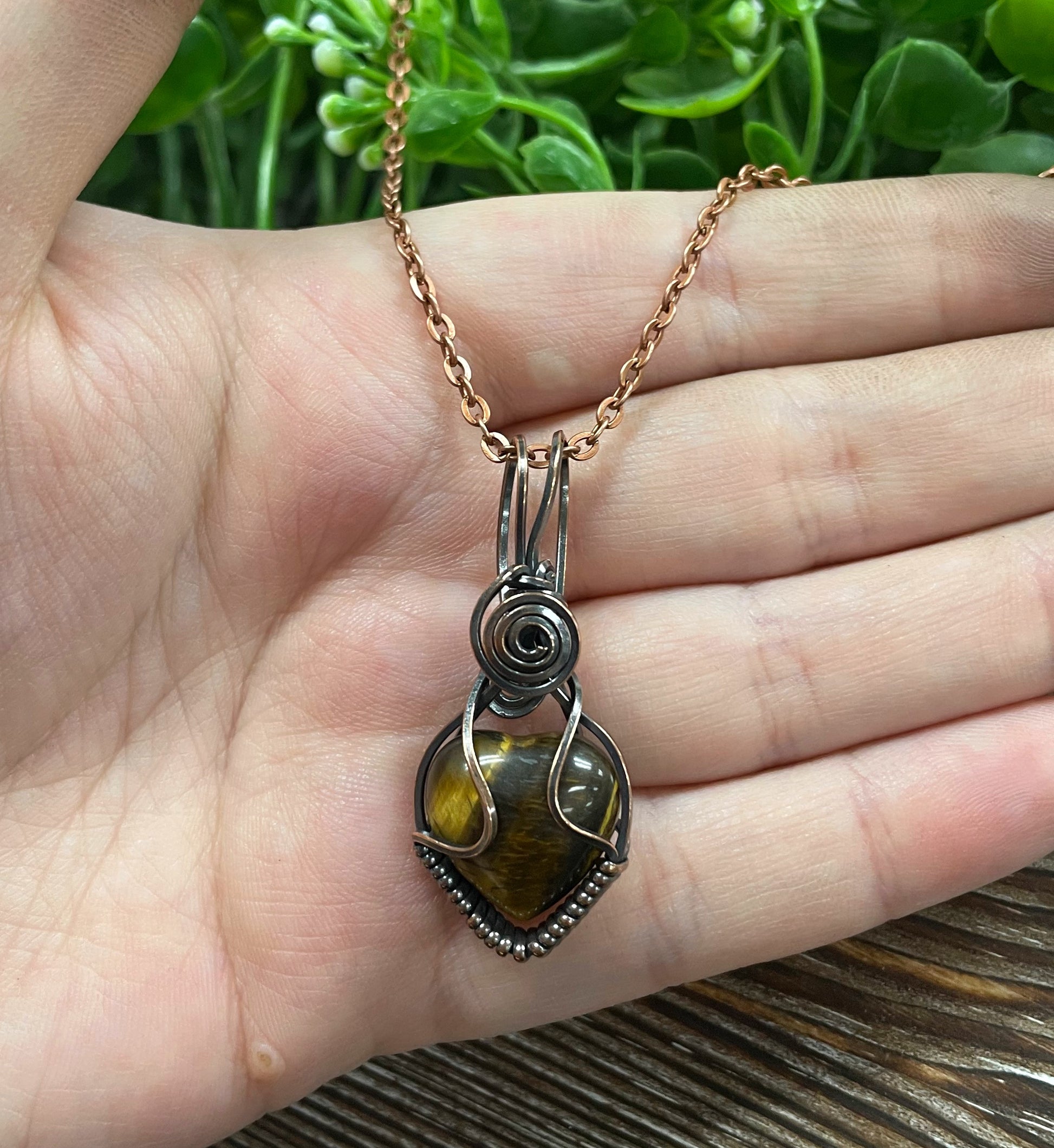 Small Tiger's Eye Gemstone Wire Wrapped Pendant Heart Shaped - Handmade by Marlayna