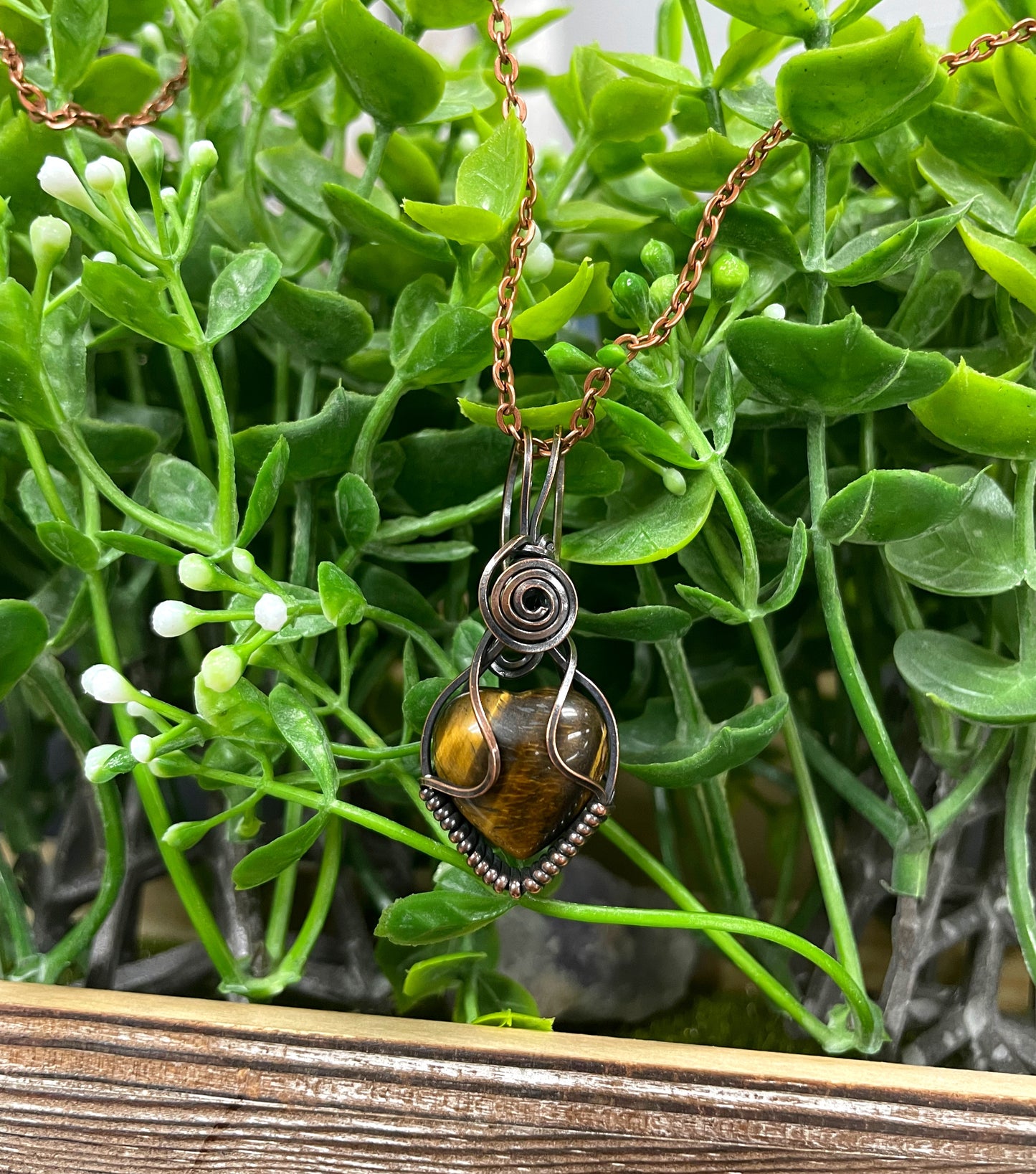 Small Tiger's Eye Gemstone Wire Wrapped Pendant Heart Shaped - Handmade by Marlayna