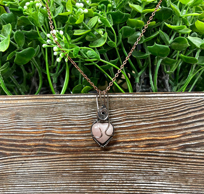 Small Pink Rose Quartz Gemstone Wire Wrapped Pendant Heart Shaped - Handmade by Marlayna