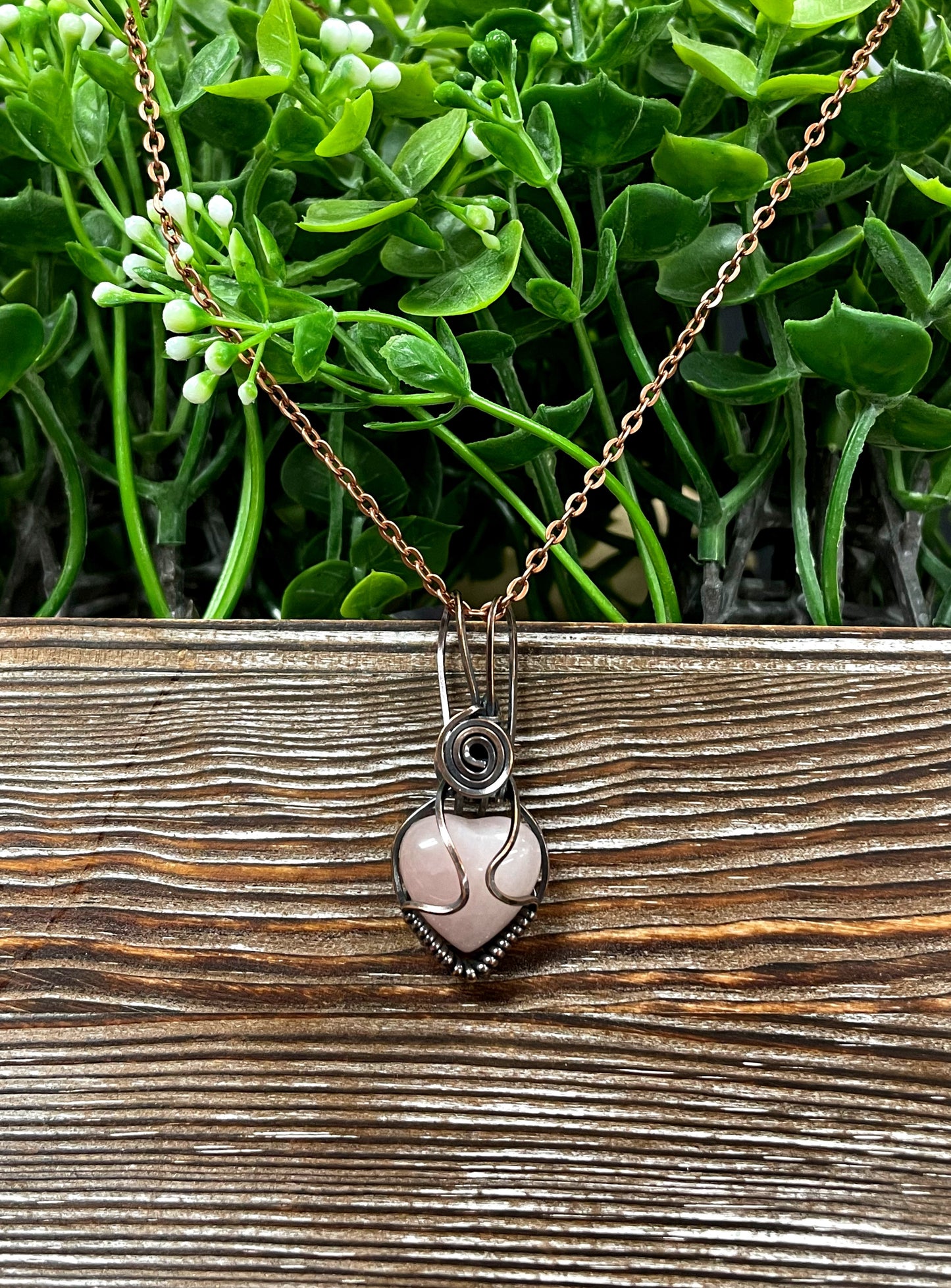 Small Pink Rose Quartz Gemstone Wire Wrapped Pendant Heart Shaped - Handmade by Marlayna