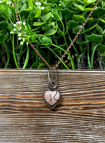 Small Pink Rose Quartz Gemstone Wire Wrapped Pendant Heart Shaped - Handmade by Marlayna