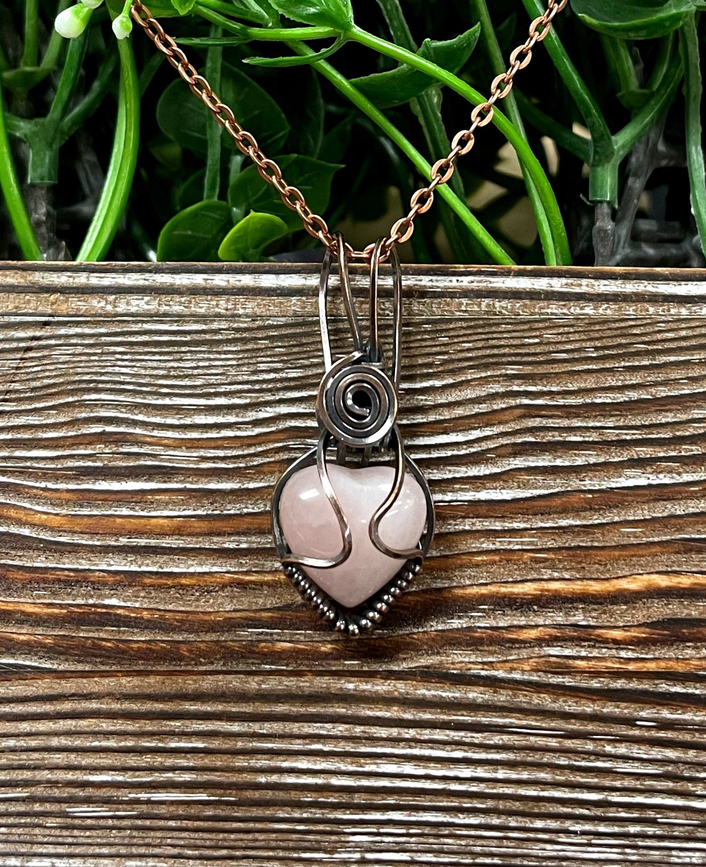 Small Pink Rose Quartz Gemstone Wire Wrapped Pendant Heart Shaped - Handmade by Marlayna