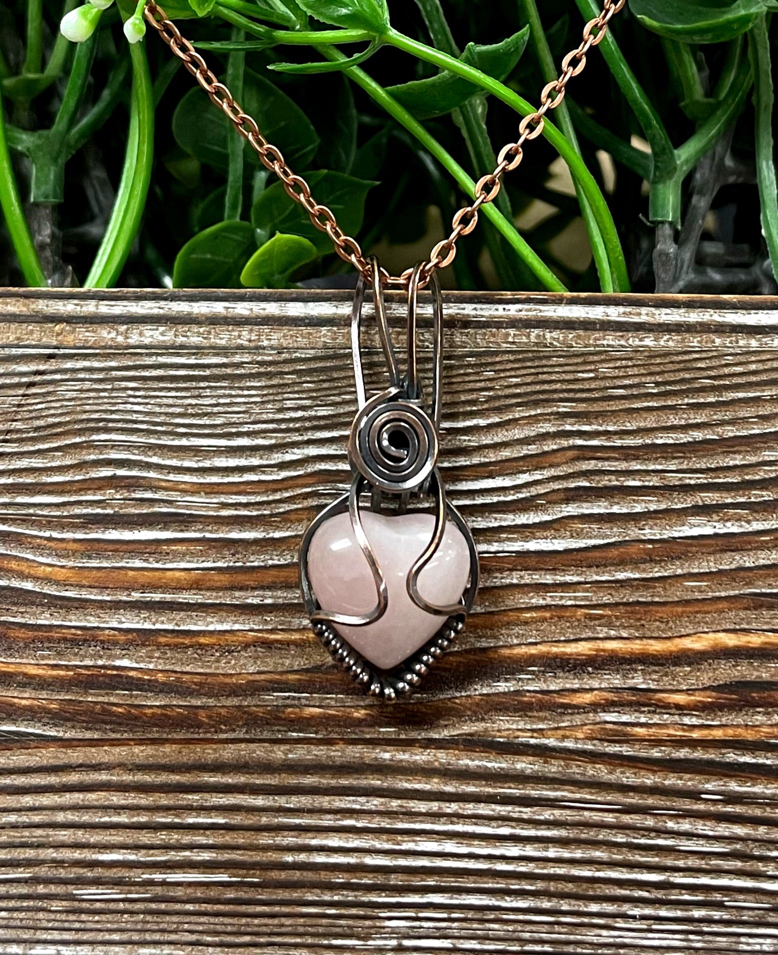 Small Pink Rose Quartz Gemstone Wire Wrapped Pendant Heart Shaped - Handmade by Marlayna