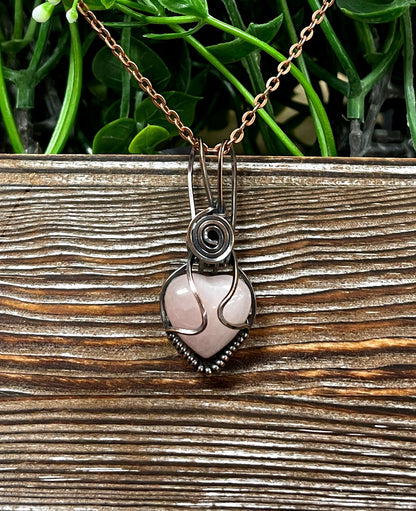 Small Pink Rose Quartz Gemstone Wire Wrapped Pendant Heart Shaped - Handmade by Marlayna
