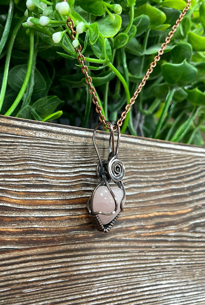 Small Pink Rose Quartz Gemstone Wire Wrapped Pendant Heart Shaped - Handmade by Marlayna