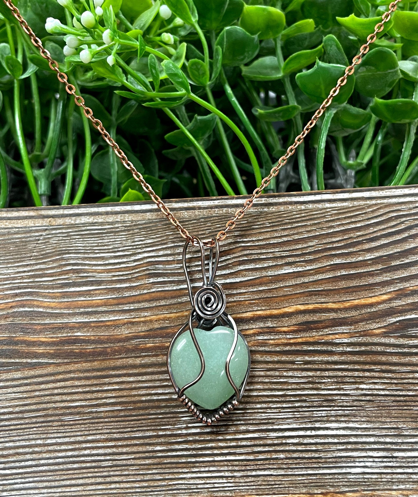 Small Green Aventurine Gemstone Wire Wrapped Pendant Heart Shaped - Handmade by Marlayna