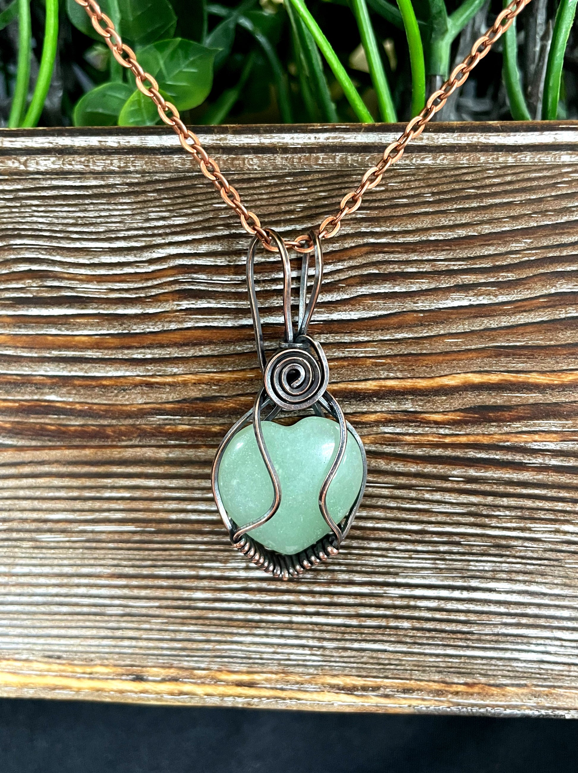 Small Green Aventurine Gemstone Wire Wrapped Pendant Heart Shaped - Handmade by Marlayna
