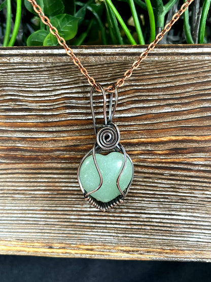 Small Green Aventurine Gemstone Wire Wrapped Pendant Heart Shaped - Handmade by Marlayna