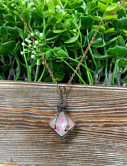 Pink Wire Wrapped D10 Dice Pendant - Handmade by Marlayna