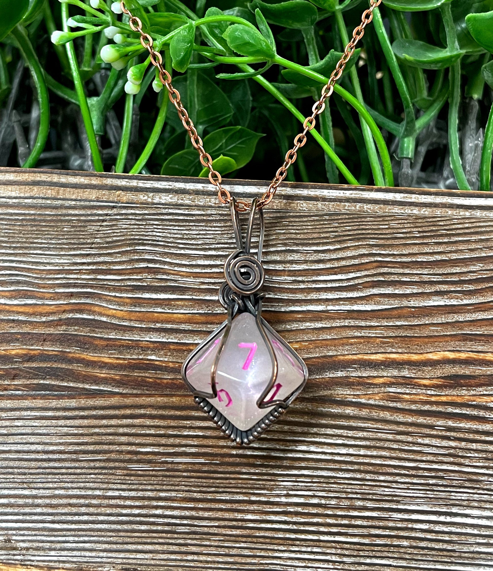 Pink Wire Wrapped D10 Dice Pendant - Handmade by Marlayna