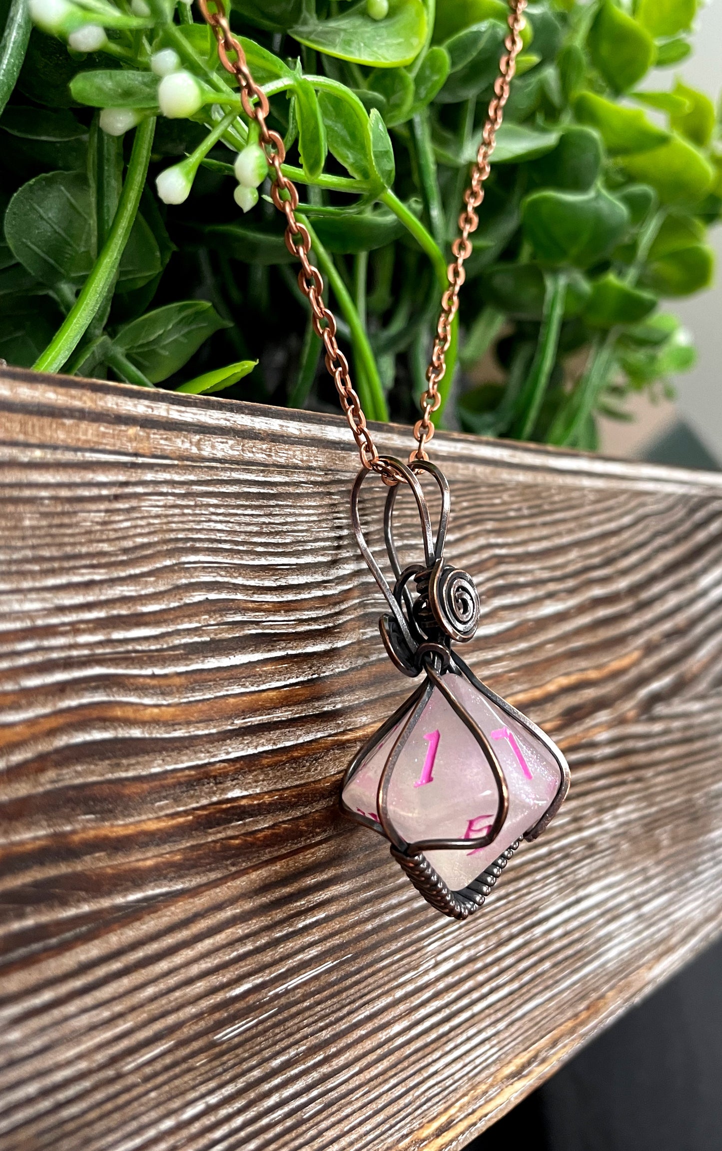 Pink Wire Wrapped D10 Dice Pendant - Handmade by Marlayna