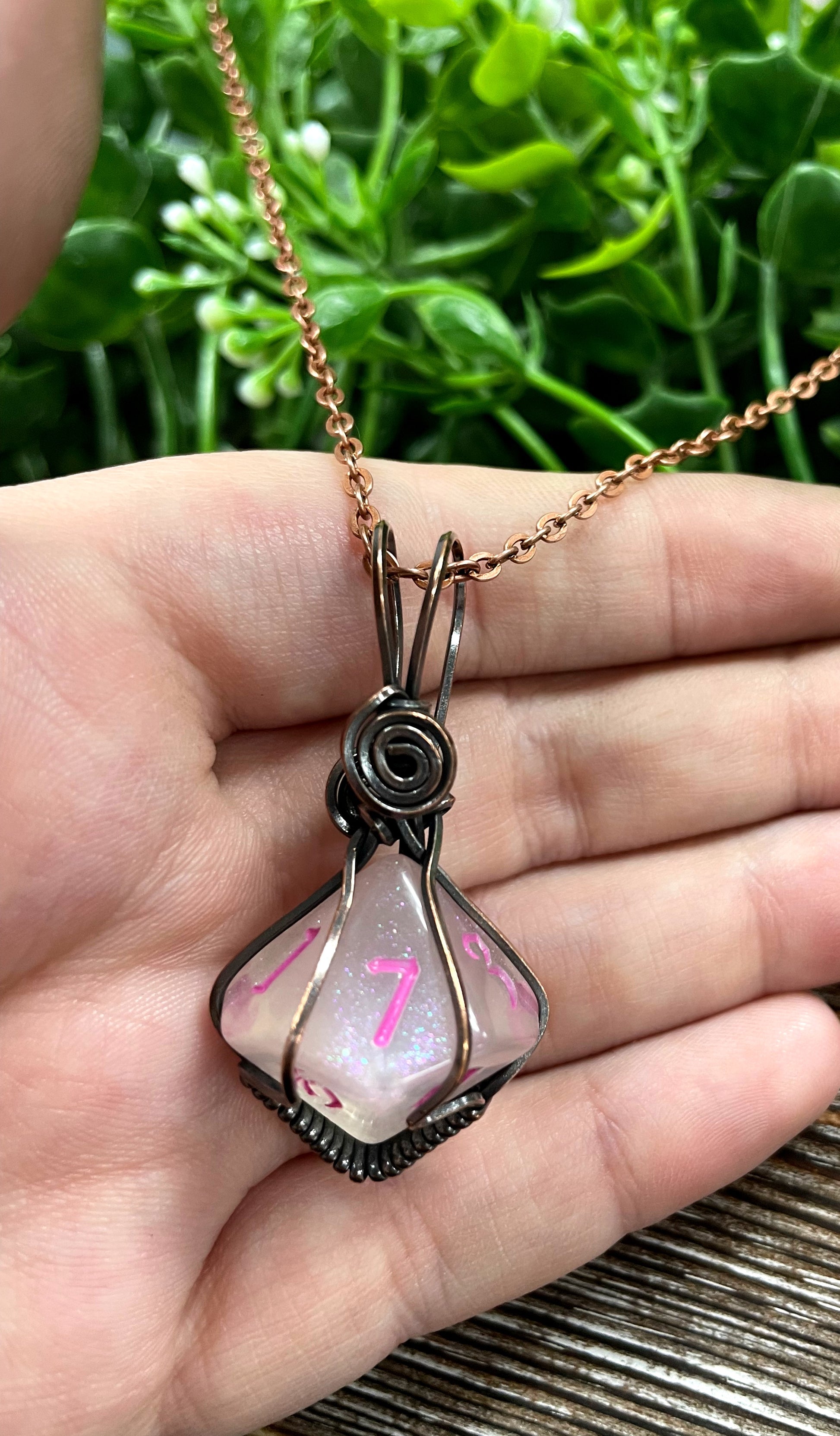 Pink Wire Wrapped D10 Dice Pendant - Handmade by Marlayna