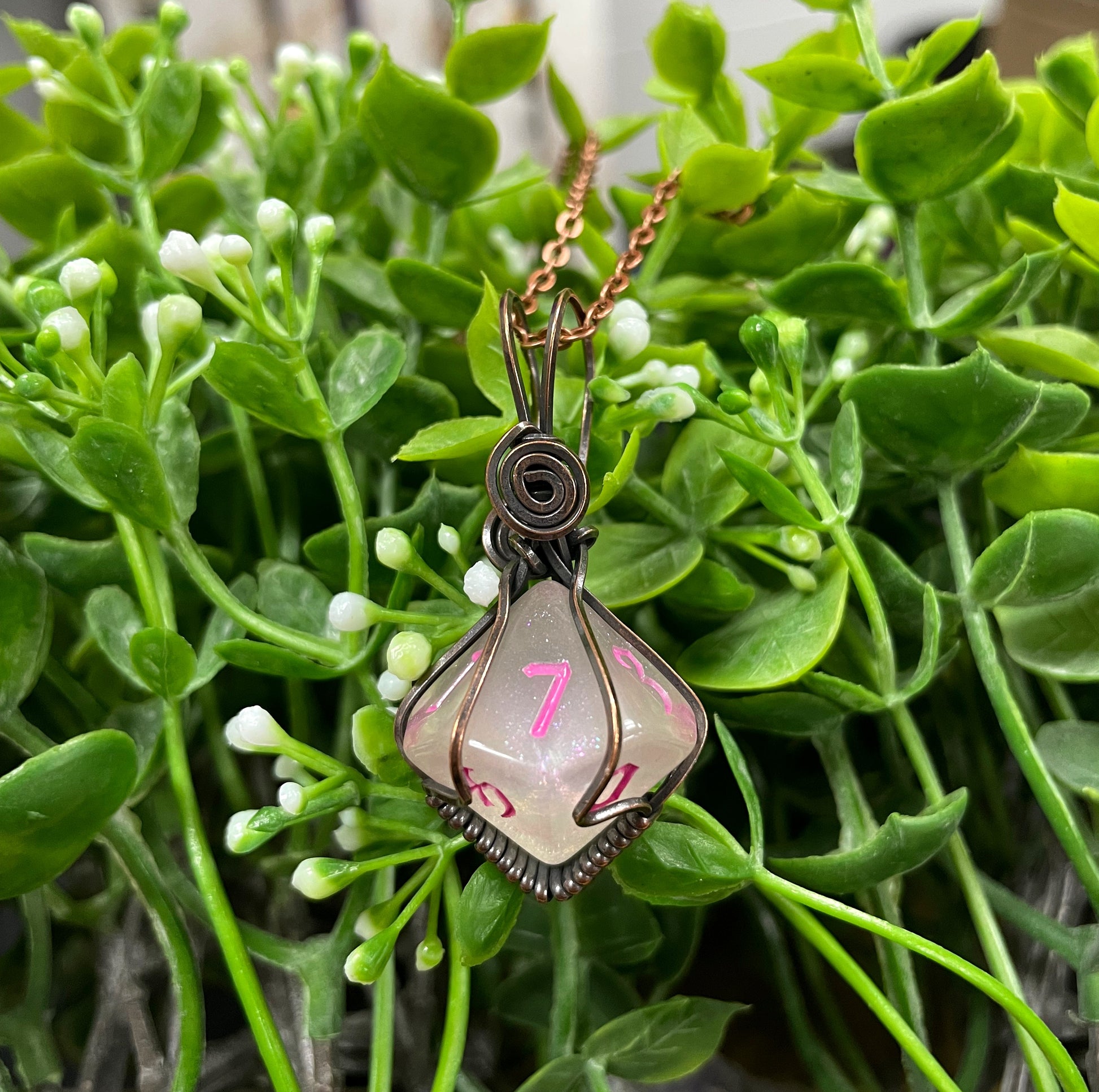 Pink Wire Wrapped D10 Dice Pendant - Handmade by Marlayna