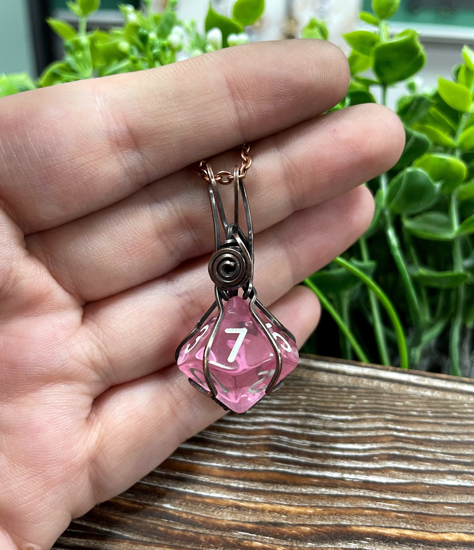 Pink Wire Wrapped D10 Dice Pendant- Choose Color - Handmade by Marlayna