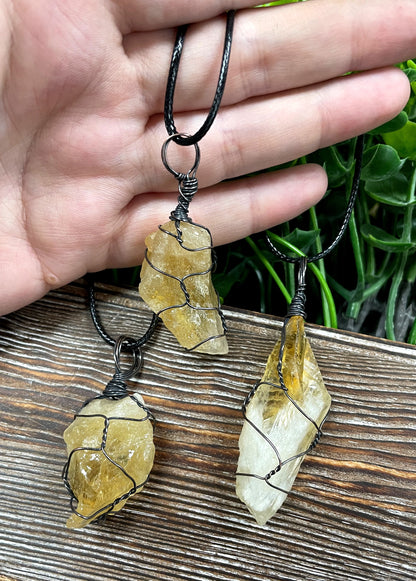 Wire Wrapped Rough Citrine Crystal Gemstone Chunk Pendant - Handmade by Marlayna