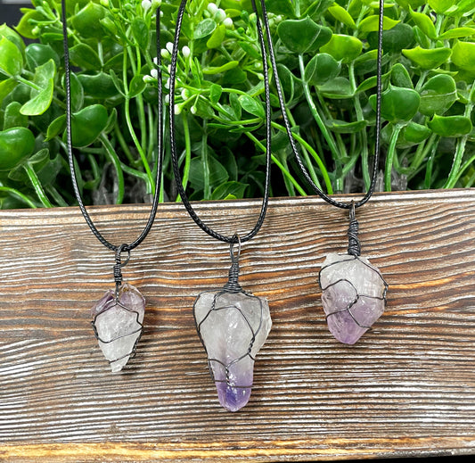 Wire Wrapped Rough Amethyst Crystal Gemstone Chunk Pendant - Handmade by Marlayna
