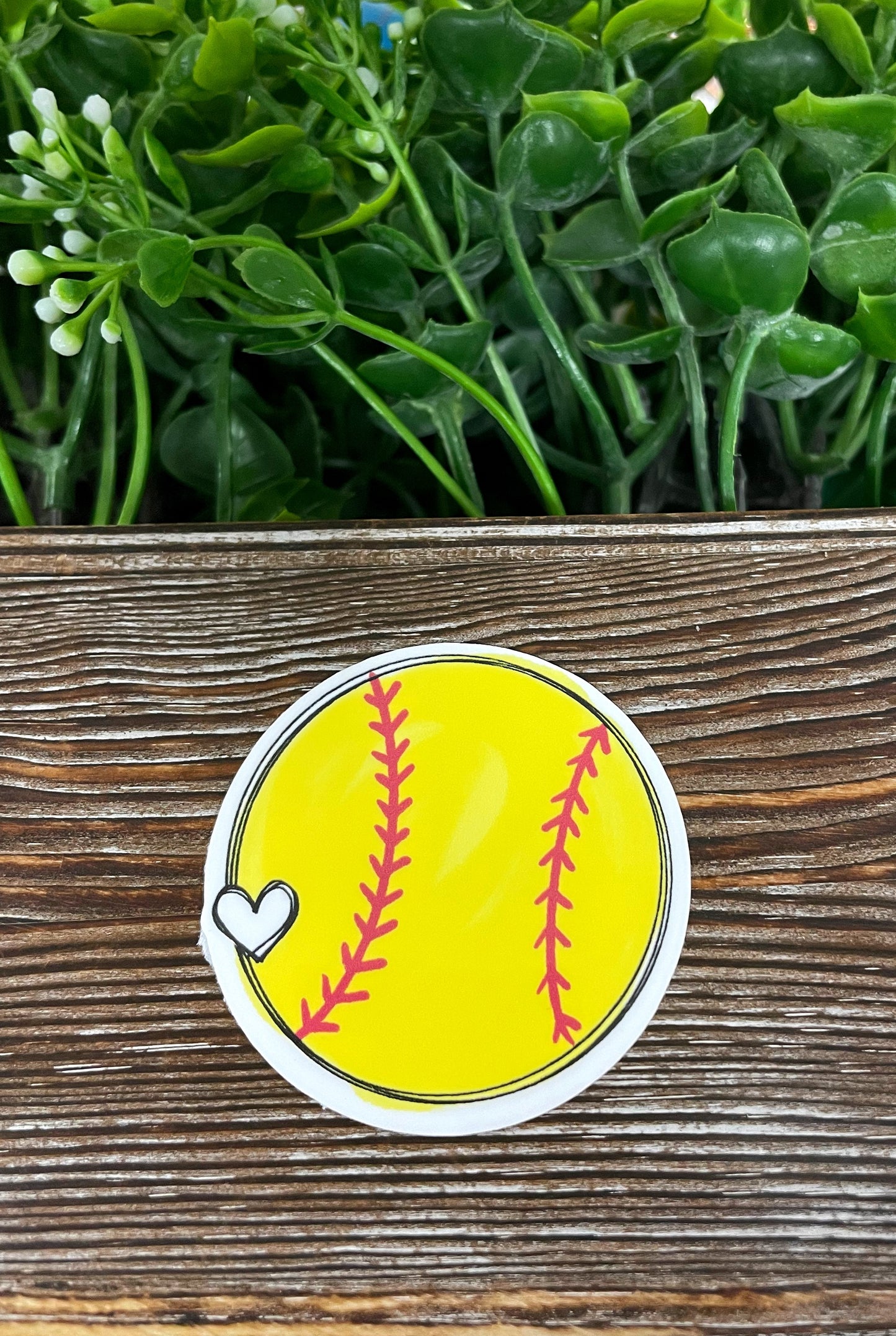 Yellow Softball w/ Heart, Die Cut Sticker, Graphic Art Vinyl, , Boho Fun |Sticker or Magnet