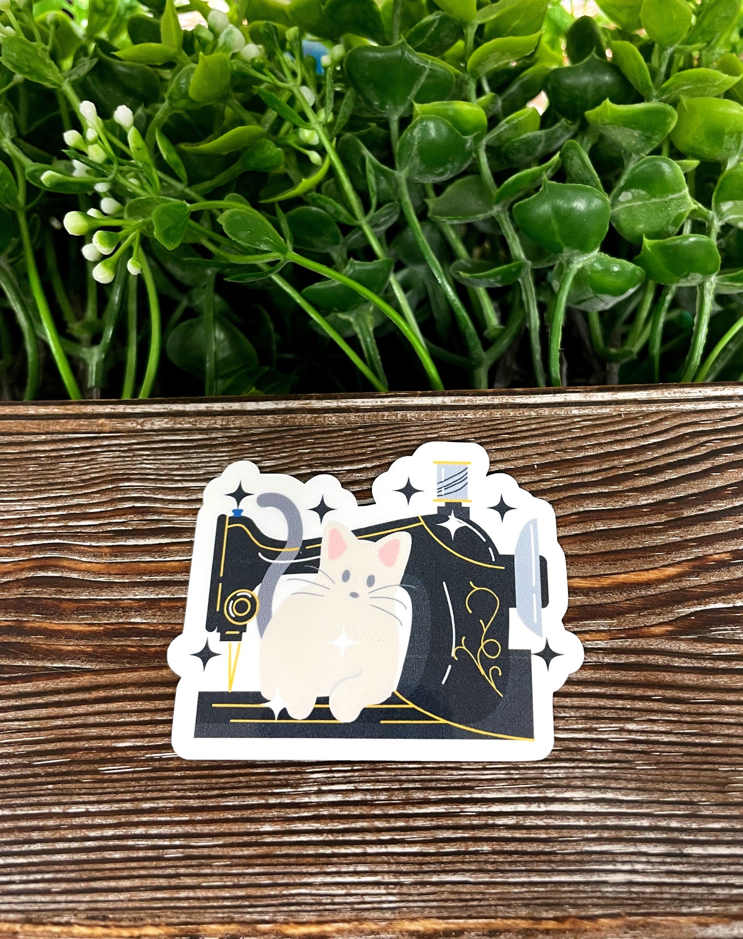 Cat and Sewing Machine, Die Cut Sticker, Graphic Art Vinyl, , Boho Fun |Sticker or Magnet