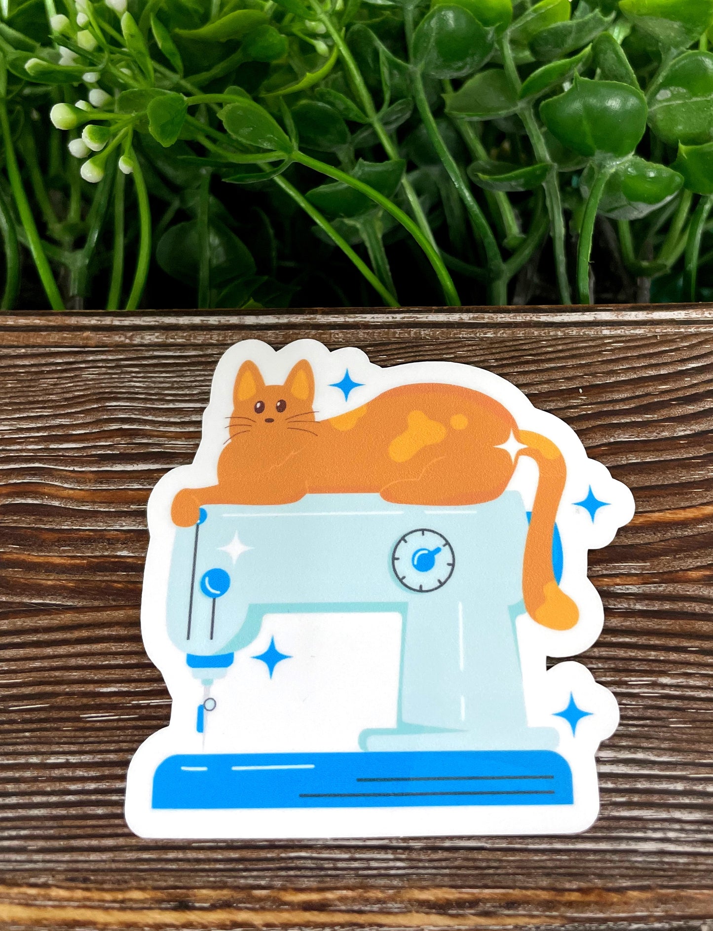 Orange Cat and Sewing Machine, Die Cut Sticker, Graphic Art Vinyl, , Boho Fun |Sticker or Magnet