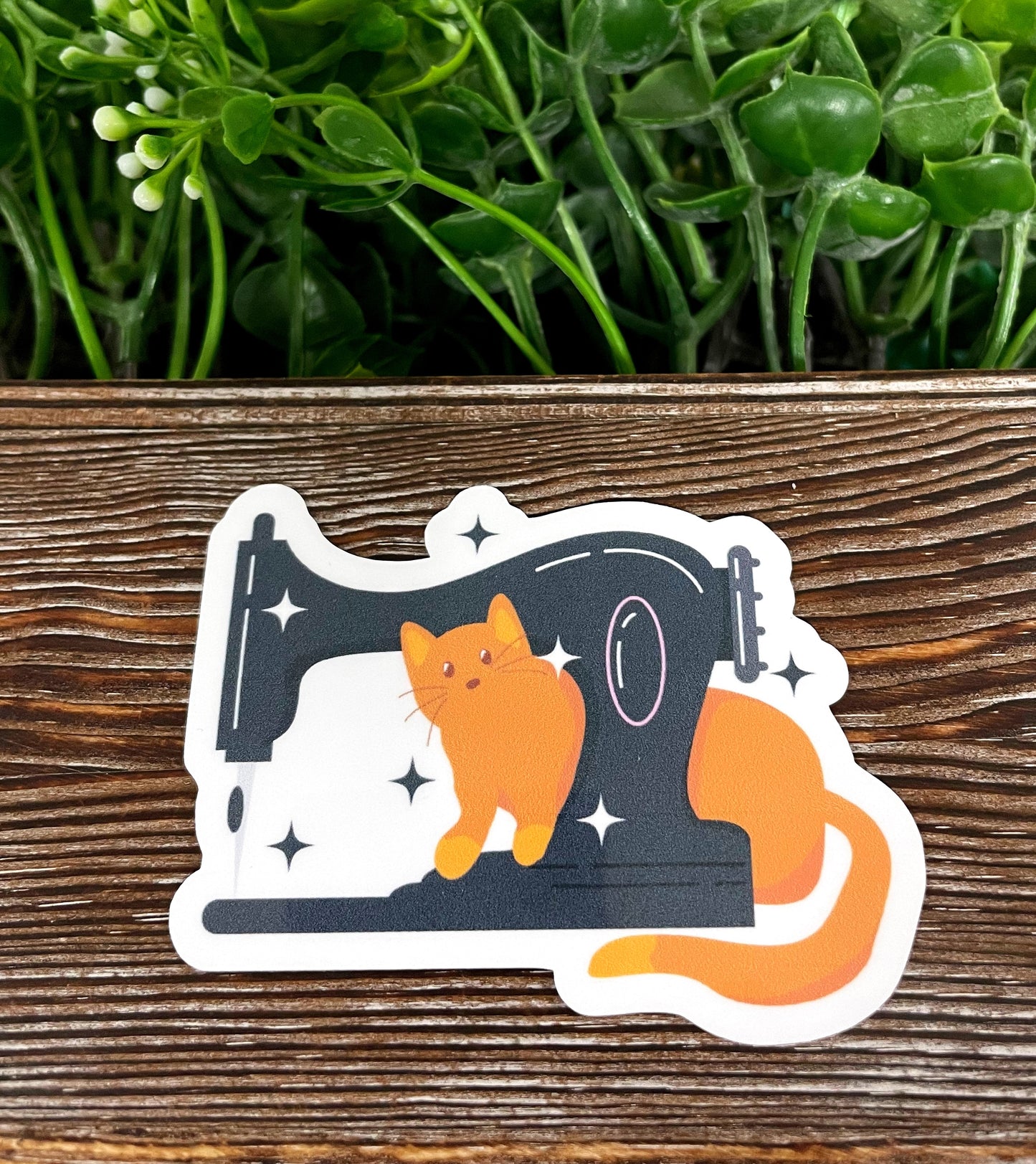 Orange Cat and Black Sewing Machine, Die Cut Sticker, Graphic Art Vinyl, , Boho Fun |Sticker or Magnet