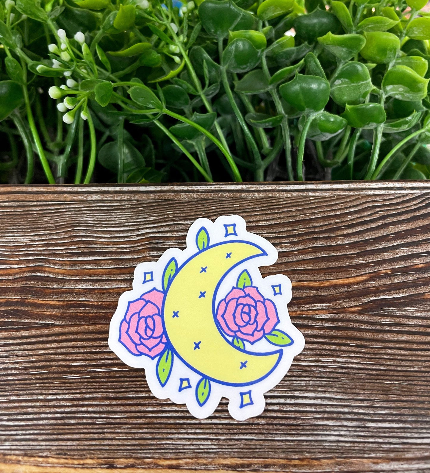 Yellow Crescent Moon Sticker, Pink Flowers, Die Cut Sticker, Graphic Art Sticker, Vinyl, , Inspire Motivate |Sticker or Magnet