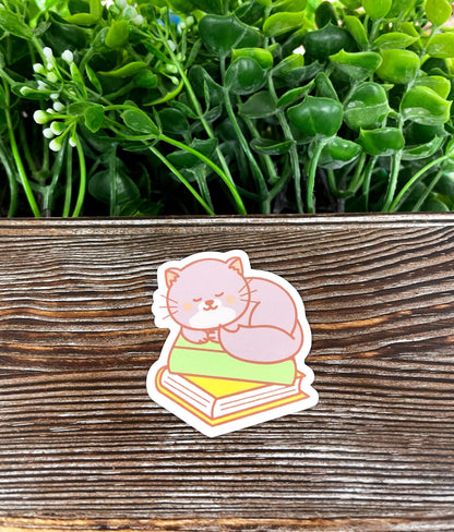 Cute Cat Sleeping on Books, Die Cut Sticker, Graphic Art Sticker, Vinyl, , Inspire Motivate |Sticker or Magnet