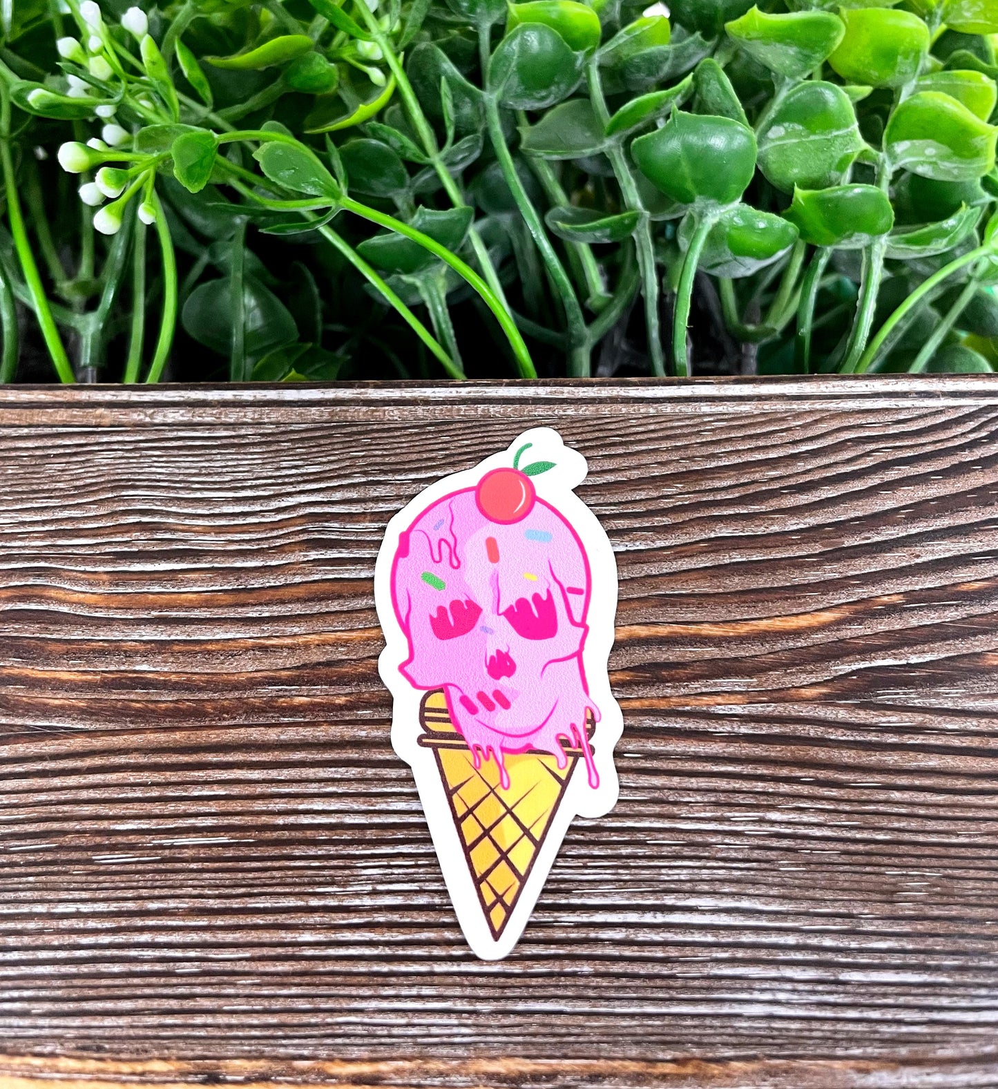 Creepy Skull Pink Ice Cream Cone, Die Cut Vinyl Sticker, , Boho Fun, Water Resistant |Sticker or Magnet