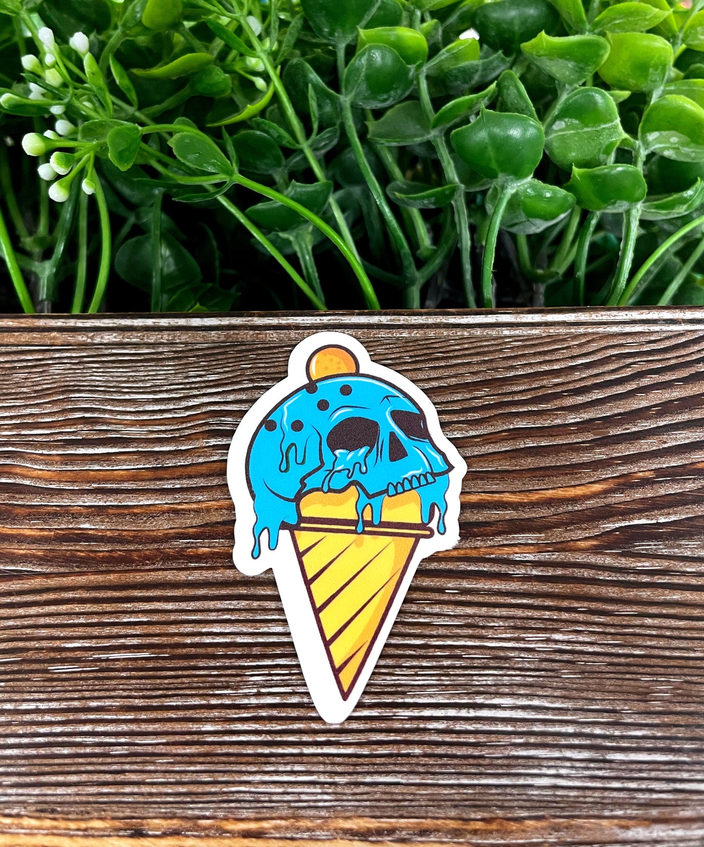 Creepy Skull Blue Ice Cream Cone, Die Cut Vinyl Sticker, , Boho Fun, Water Resistant |Sticker or Magnet