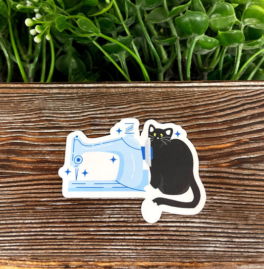 Black Cat and Sewing Machine, Die Cut Vinyl Sticker, , Boho Fun, Water Resistant |Sticker or Magnet