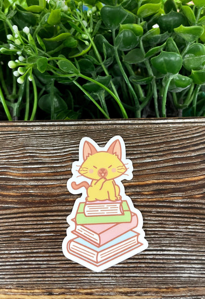 Mischievous Cat on Books, Die Cut Vinyl Sticker, , Boho Fun, Water Resistant |Sticker or Magnet