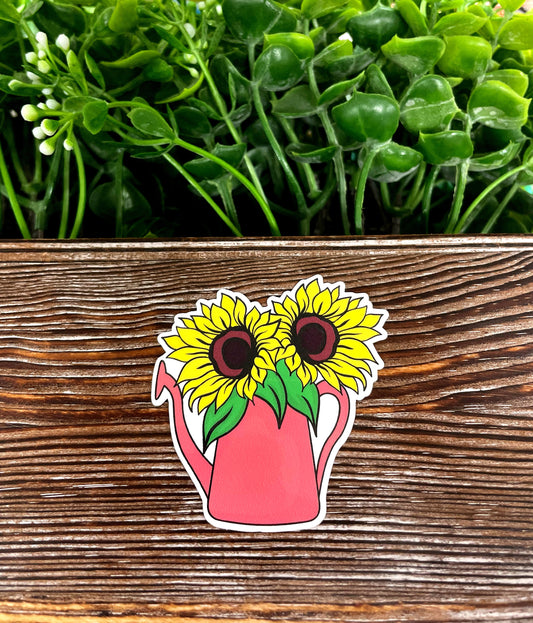 Sunflowers in Watering Can, Die Cut Vinyl Sticker, , Boho Fun, Water Resistant |Sticker or Magnet