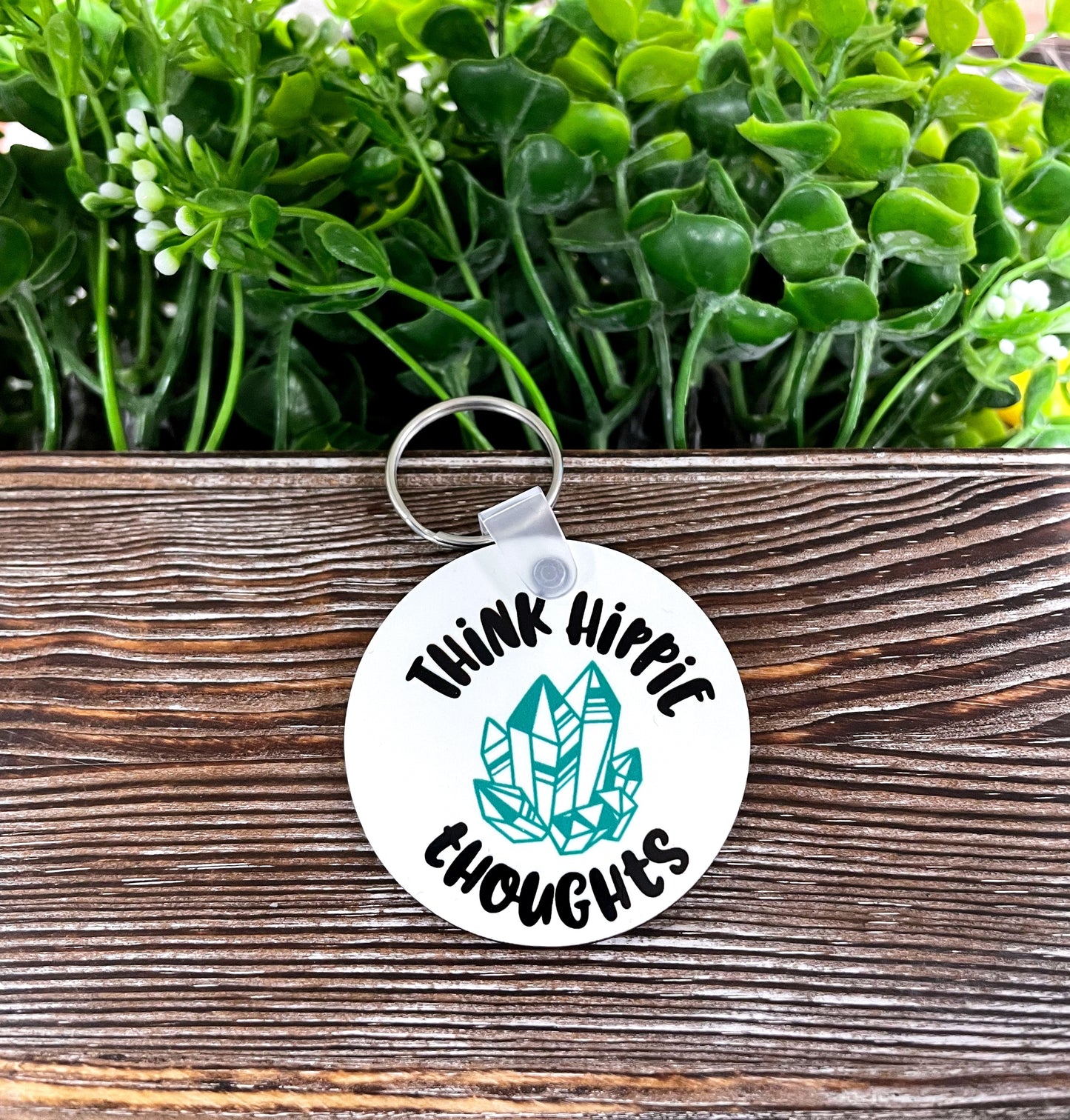Think Hippie Thoughts, MDF Round Keychain, , Boho Fun, Sublimation - Handmade by Marlayna