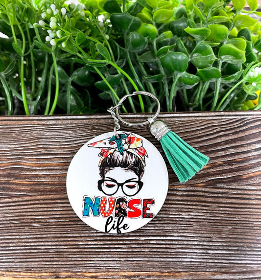 Messy Bun Nurse Life, MDF Round Keychain, , Boho Fun, Sublimation - Handmade by Marlayna