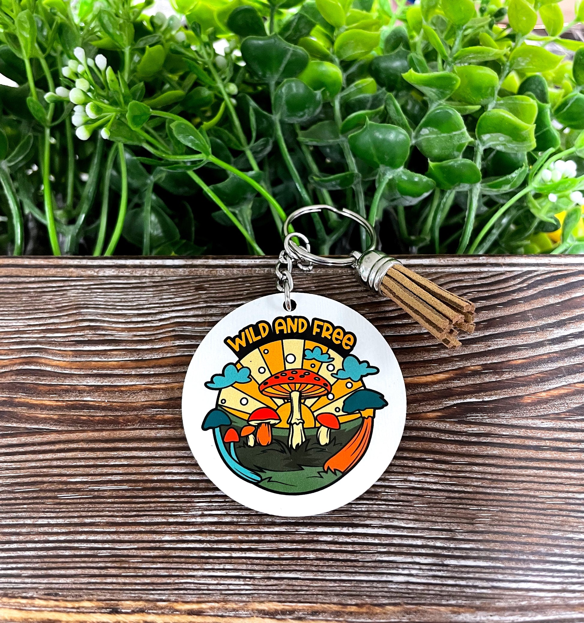 Wild and Free Mushrooms, MDF Round Keychain, , Boho Fun, Sublimation - Handmade by Marlayna