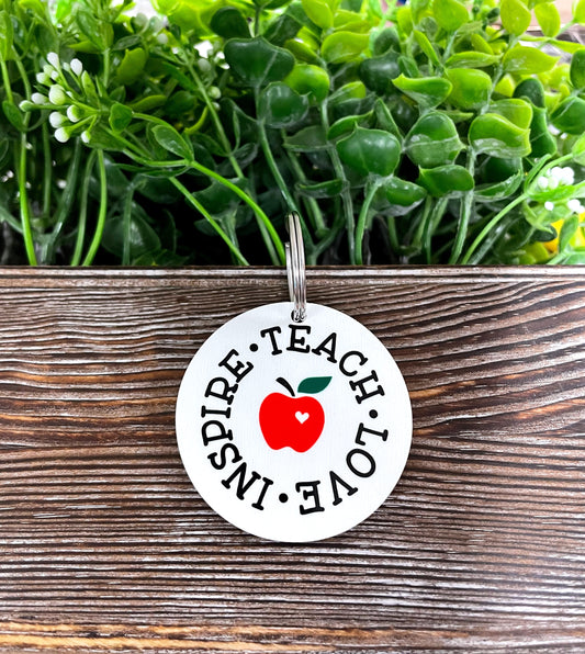 Teach Love Inspire Teacher, MDF Round Keychain, , Boho Fun, Sublimation - Handmade by Marlayna