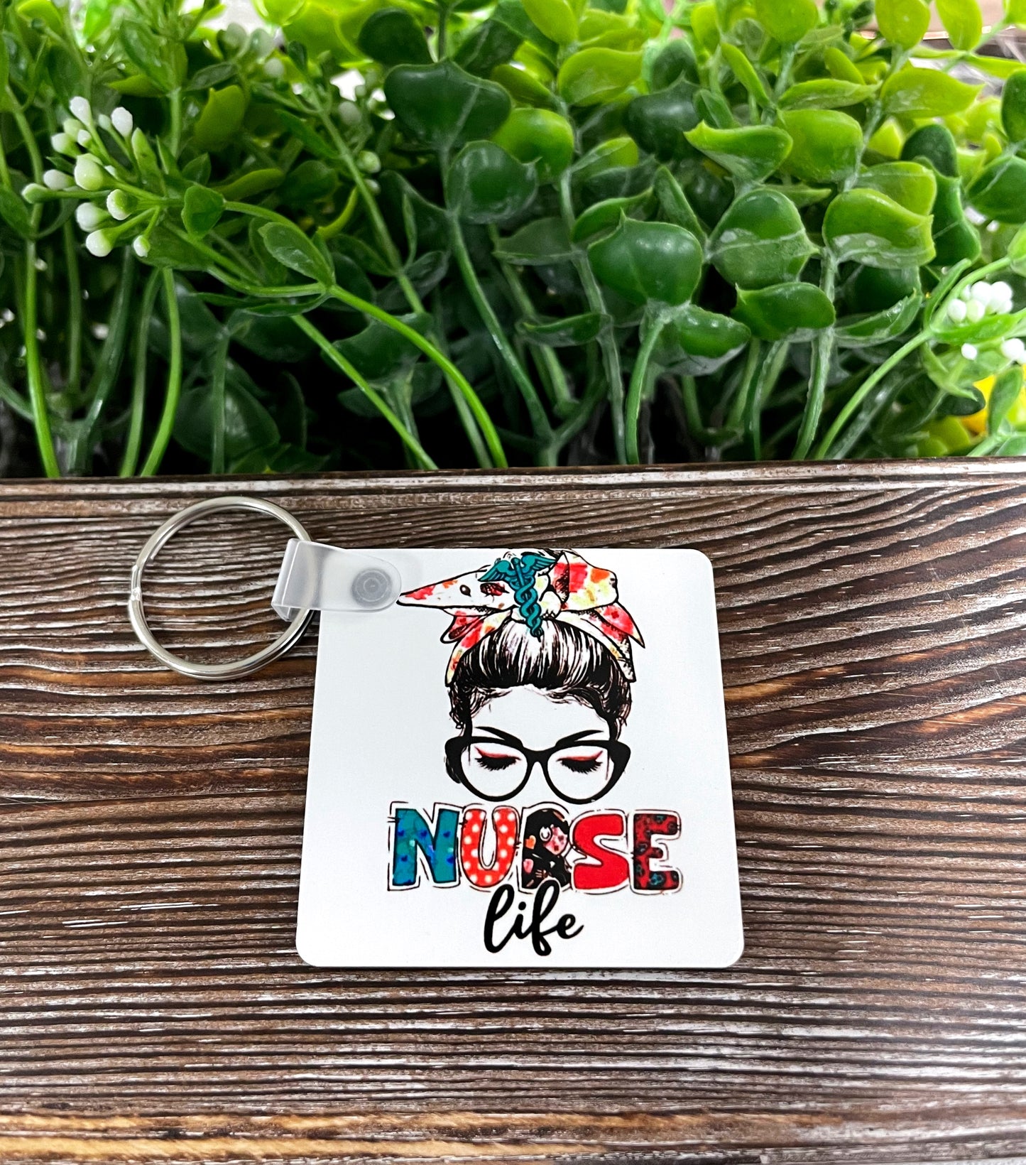 Messy Bun Nurse Life, MDF Square Keychain, , Boho Fun, Sublimation - Handmade by Marlayna