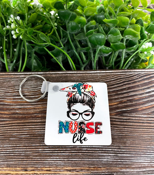 Messy Bun Nurse Life, MDF Square Keychain, , Boho Fun, Sublimation - Handmade by Marlayna