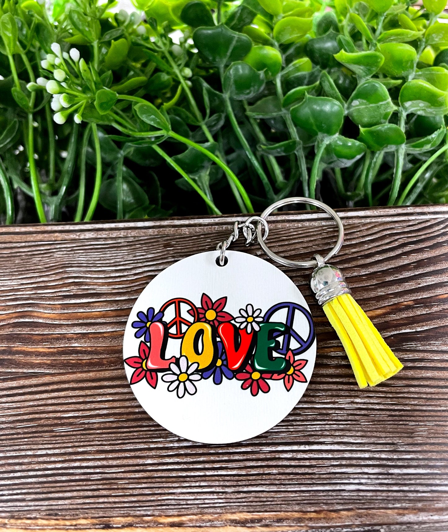 Vintage LOVE Peace, MDF Round Keychain, , Boho Fun, Sublimation - Handmade by Marlayna