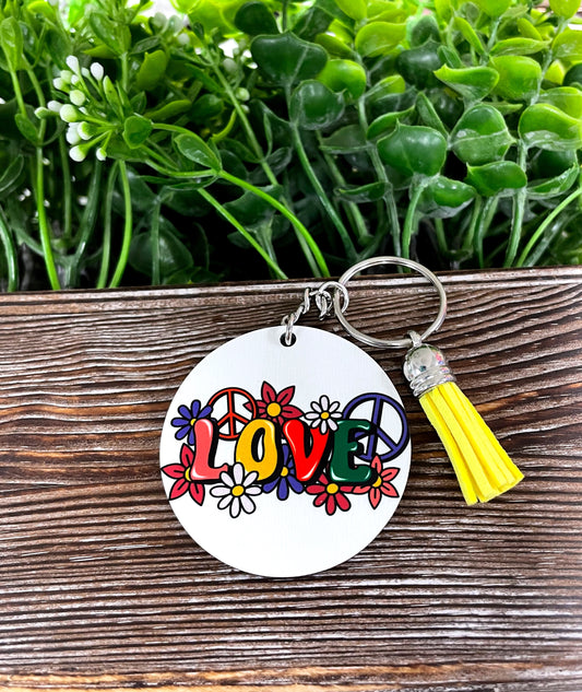 Vintage LOVE Peace, MDF Round Keychain, , Boho Fun, Sublimation - Handmade by Marlayna