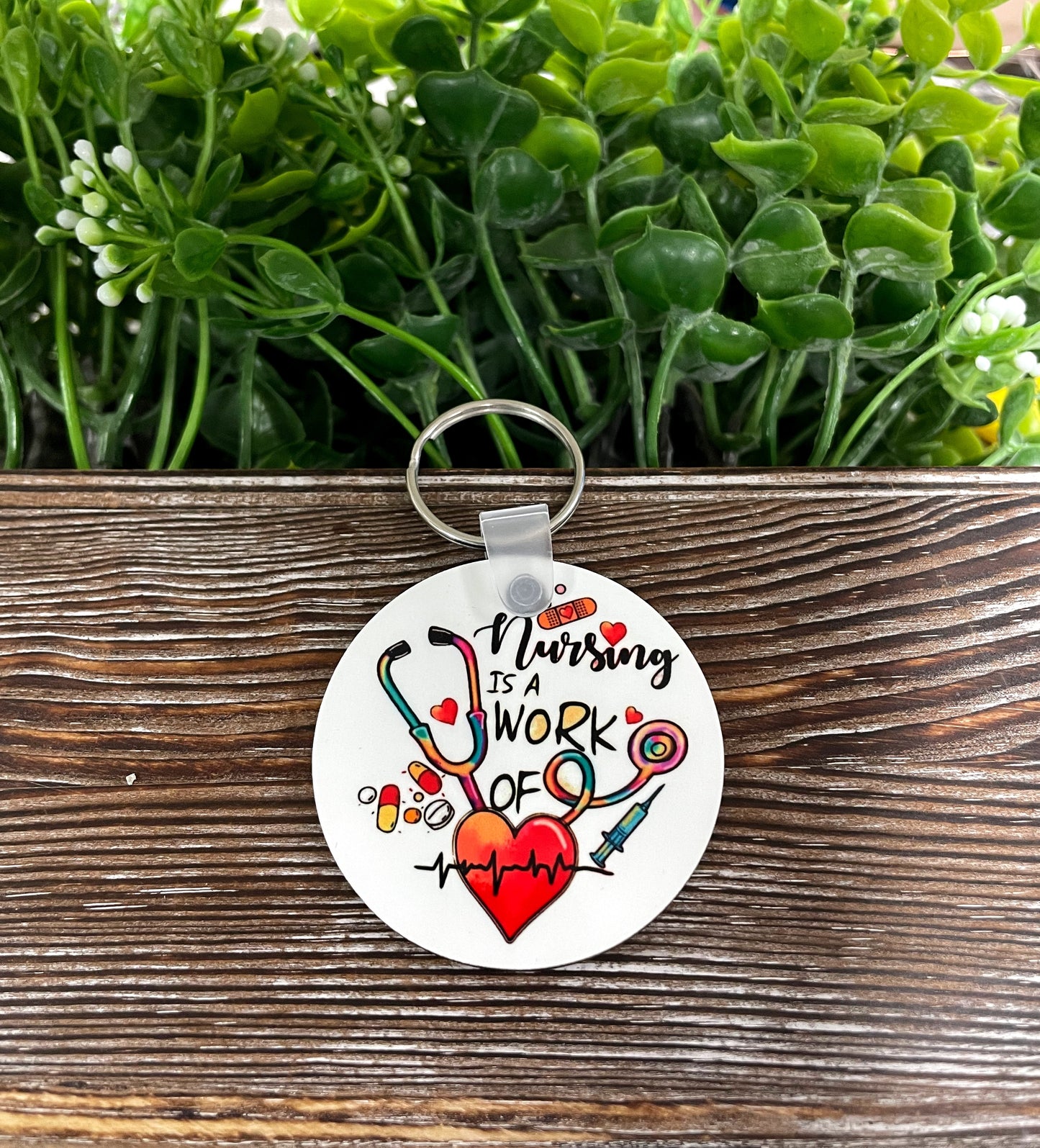 Nursing is a Work of Heart, MDF Round Keychain, , Boho Fun, Sublimation - Handmade by Marlayna
