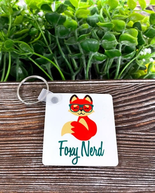 Foxy Nerd, MDF Square Keychain, , Boho Fun, Sublimation - Handmade by Marlayna